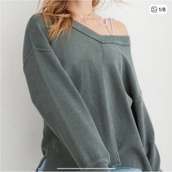 aerie Tops - Aerie Wonder V Neck Sweater in Sage Green Oversized Slouchy